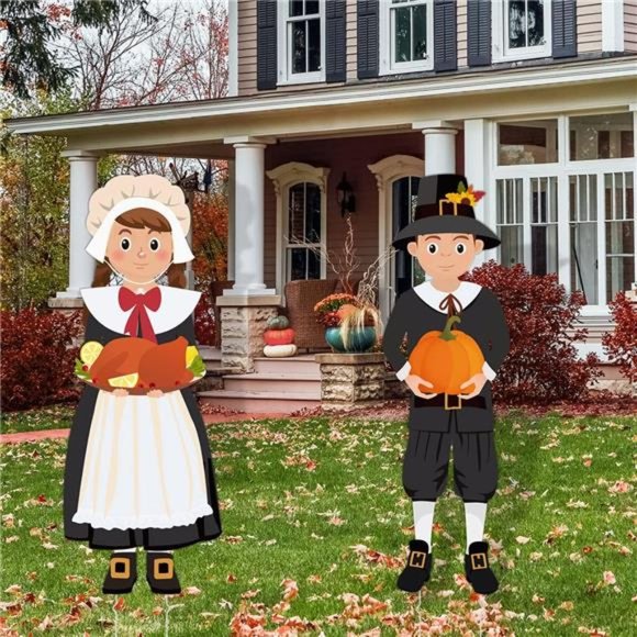 Thanksgiving Pilgrim Boy and Girl Yard Sign Fall Thanksgiving Outdoor Decoration - Picture 1 of 6